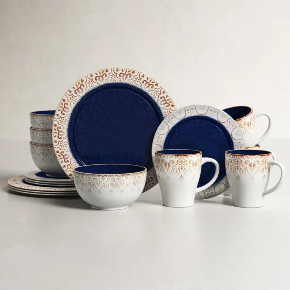 New* Birch Lane Sonny Earthenware Dinnerware Set - Service for 4 - Blue/White